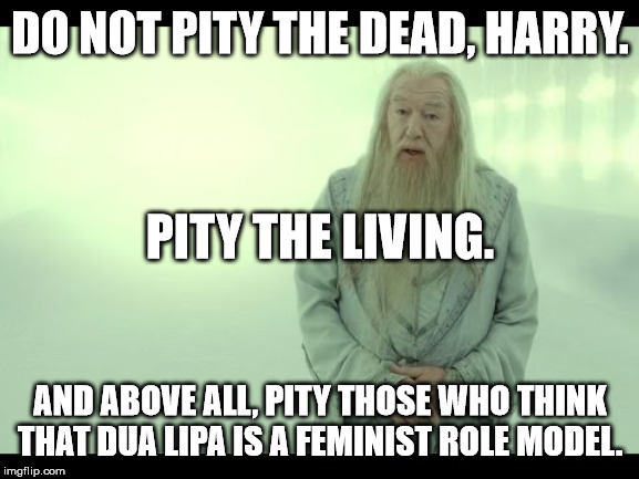 Albus Percival Wolfric Brian Dumbledore Meme II | DO NOT PITY THE DEAD, HARRY. PITY THE LIVING. AND ABOVE ALL, PITY THOSE WHO THINK THAT DUA LIPA IS A FEMINIST ROLE MODEL. | image tagged in albus dumbledore,harry potter,dua lipa | made w/ Imgflip meme maker