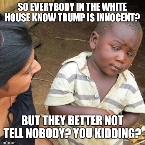 Third World Skeptical Kid | SO EVERYBODY IN THE WHITE HOUSE KNOW TRUMP IS INNOCENT? BUT THEY BETTER NOT TELL NOBODY? YOU KIDDING? | image tagged in memes,third world skeptical kid | made w/ Imgflip meme maker