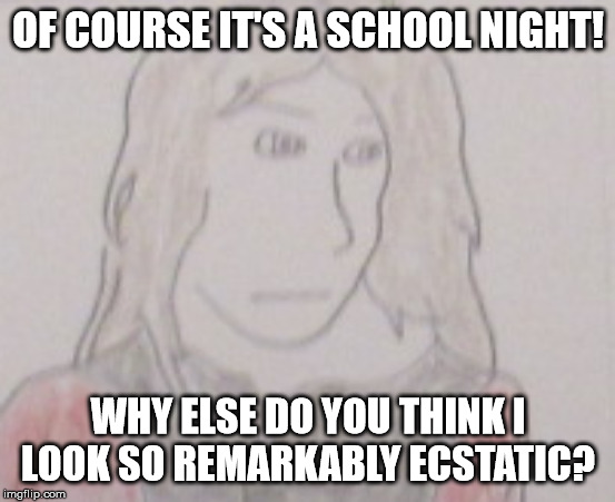 Xerin Hedashield Meme | OF COURSE IT'S A SCHOOL NIGHT! WHY ELSE DO YOU THINK I LOOK SO REMARKABLY ECSTATIC? | image tagged in xerin hedashield,across the portal,dit,mutantry-force | made w/ Imgflip meme maker