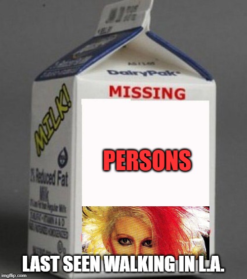 Missing since the 80s. | PERSONS; LAST SEEN WALKING IN L.A. | image tagged in milk carton,memes,missing persons,music,walking in la | made w/ Imgflip meme maker
