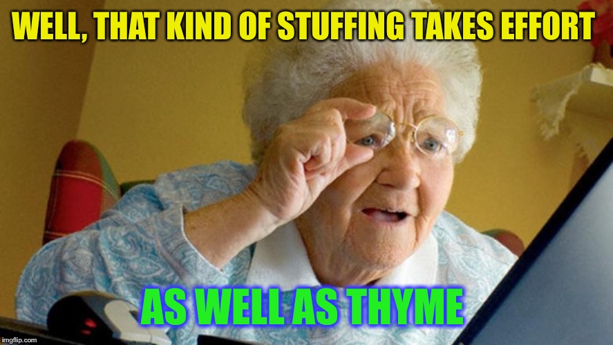 grandma computer | WELL, THAT KIND OF STUFFING TAKES EFFORT AS WELL AS THYME | image tagged in grandma computer | made w/ Imgflip meme maker