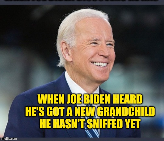 Biden | WHEN JOE BIDEN HEARD HE'S GOT A NEW GRANDCHILD HE HASN'T SNIFFED YET | image tagged in biden | made w/ Imgflip meme maker