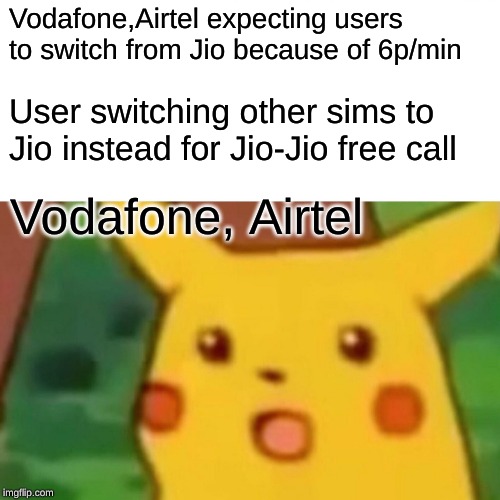 Surprised Pikachu | Vodafone,Airtel expecting users to switch from Jio because of 6p/min; User switching other sims to Jio instead for Jio-Jio free call; Vodafone, Airtel | image tagged in memes,surprised pikachu | made w/ Imgflip meme maker