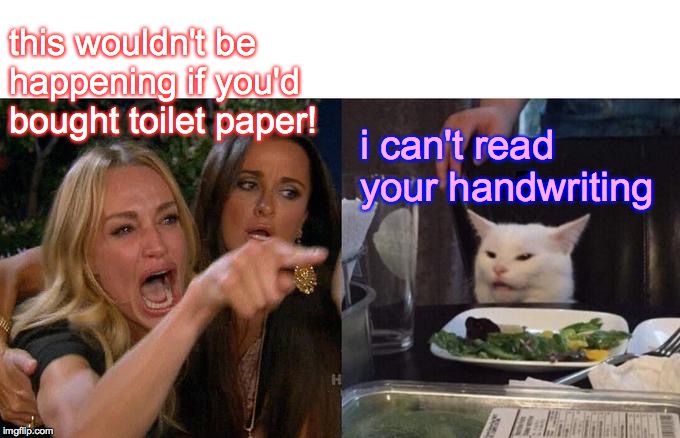 Woman Yelling At Cat Meme | this wouldn't be happening if you'd bought toilet paper! i can't read your handwriting | image tagged in memes,woman yelling at cat | made w/ Imgflip meme maker