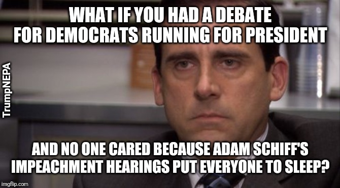 What debate? | WHAT IF YOU HAD A DEBATE FOR DEMOCRATS RUNNING FOR PRESIDENT; TrumpNEPA; AND NO ONE CARED BECAUSE ADAM SCHIFF'S IMPEACHMENT HEARINGS PUT EVERYONE TO SLEEP? | image tagged in michael are you kidding me,politics,presidential debate | made w/ Imgflip meme maker