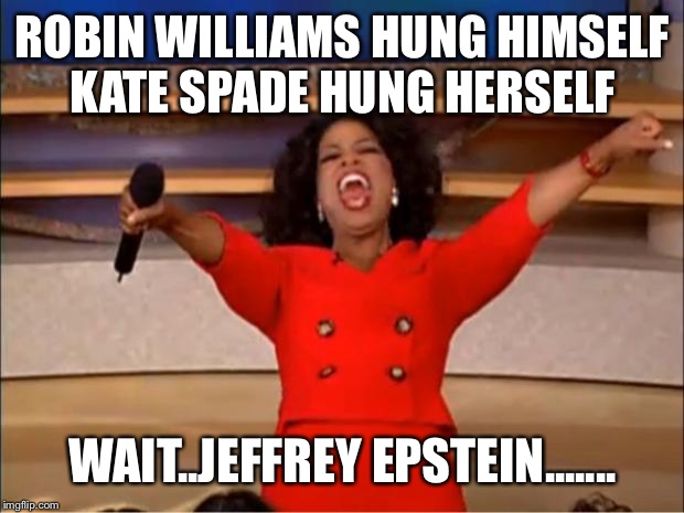 Oprah You Get A Meme | ROBIN WILLIAMS HUNG HIMSELF
KATE SPADE HUNG HERSELF; WAIT..JEFFREY EPSTEIN....... | image tagged in memes,oprah you get a | made w/ Imgflip meme maker