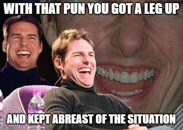 Tom Cruise laugh | WITH THAT PUN YOU GOT A LEG UP AND KEPT ABREAST OF THE SITUATION | image tagged in tom cruise laugh | made w/ Imgflip meme maker