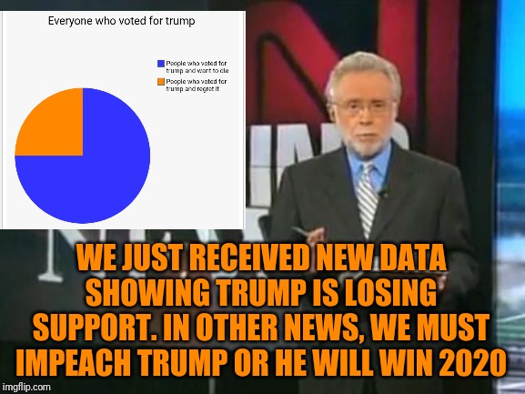 CNN Breaking News | WE JUST RECEIVED NEW DATA SHOWING TRUMP IS LOSING SUPPORT. IN OTHER NEWS, WE MUST IMPEACH TRUMP OR HE WILL WIN 2020 | image tagged in cnn breaking news | made w/ Imgflip meme maker