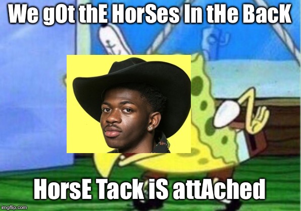 Mocking Spongebob Meme | We gOt thE HorSes In tHe BacK; HorsE Tack iS attAched | image tagged in memes,mocking spongebob | made w/ Imgflip meme maker