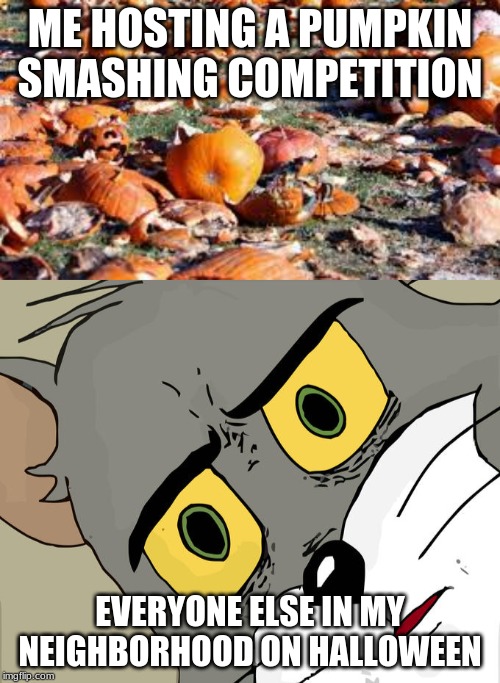 ME HOSTING A PUMPKIN SMASHING COMPETITION; EVERYONE ELSE IN MY NEIGHBORHOOD ON HALLOWEEN | image tagged in memes,unsettled tom | made w/ Imgflip meme maker
