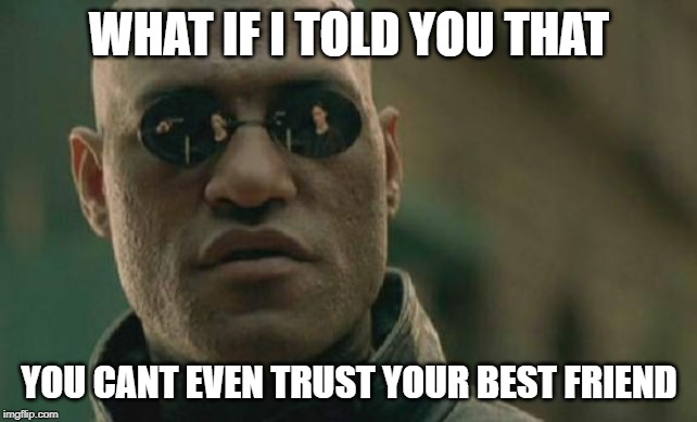 Matrix Morpheus | WHAT IF I TOLD YOU THAT; YOU CANT EVEN TRUST YOUR BEST FRIEND | image tagged in memes,matrix morpheus | made w/ Imgflip meme maker