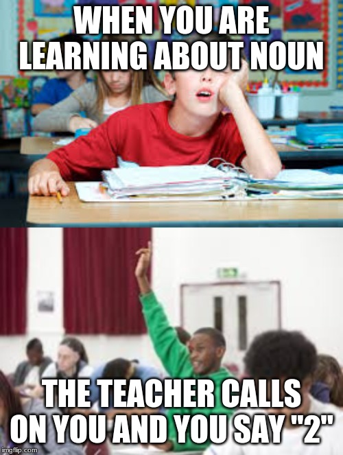 WHEN YOU ARE LEARNING ABOUT NOUN; THE TEACHER CALLS ON YOU AND YOU SAY "2" | image tagged in school | made w/ Imgflip meme maker