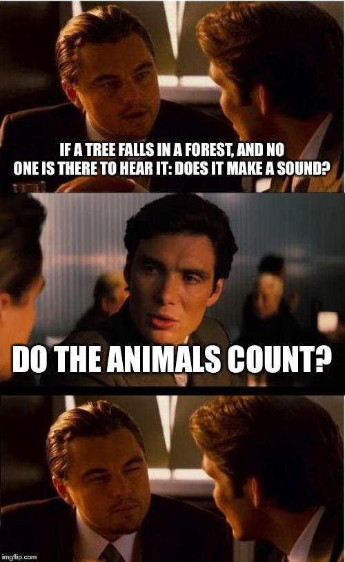 Inception Meme | IF A TREE FALLS IN A FOREST, AND NO ONE IS THERE TO HEAR IT: DOES IT MAKE A SOUND? DO THE ANIMALS COUNT? | image tagged in memes,inception | made w/ Imgflip meme maker