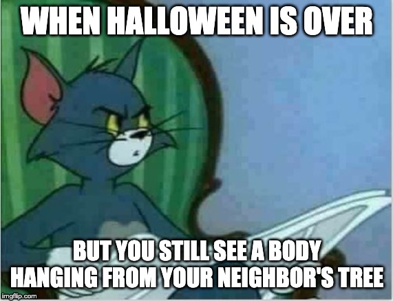 Interrupting Tom's Read | WHEN HALLOWEEN IS OVER; BUT YOU STILL SEE A BODY HANGING FROM YOUR NEIGHBOR'S TREE | image tagged in interrupting tom's read | made w/ Imgflip meme maker