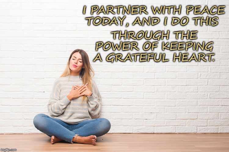 THROUGH THE POWER OF KEEPING A GRATEFUL HEART. I PARTNER WITH PEACE TODAY, AND I DO THIS | image tagged in greatful,peace,heart | made w/ Imgflip meme maker