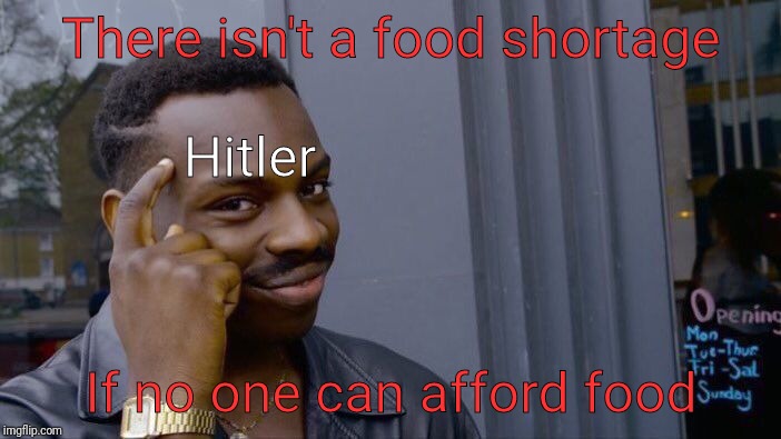 Hitler on Overpopulation and Starvation | There isn't a food shortage; Hitler; If no one can afford food | image tagged in memes,roll safe think about it,history,hitler,economics,overpopulation | made w/ Imgflip meme maker
