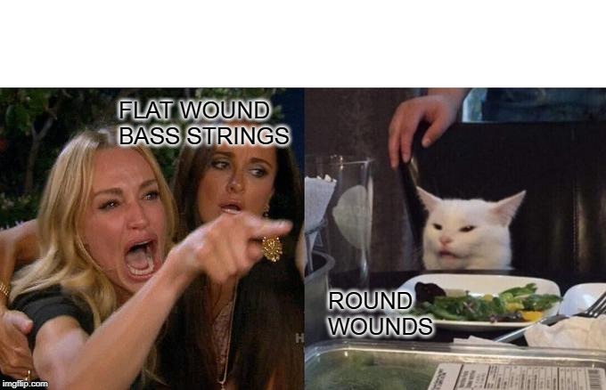The struggle is real. | FLAT WOUND BASS STRINGS; ROUND WOUNDS | image tagged in memes,woman yelling at cat | made w/ Imgflip meme maker