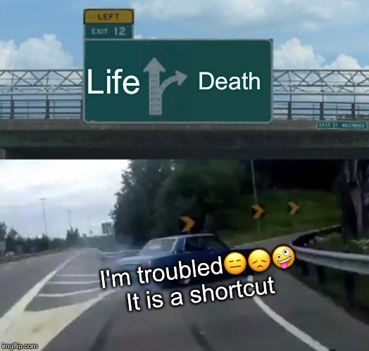 Left Exit 12 Off Ramp Meme | Life; Death; I'm troubled😑😞🤪 It is a shortcut | image tagged in memes,left exit 12 off ramp | made w/ Imgflip meme maker
