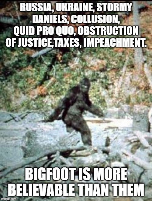 big foot | RUSSIA, UKRAINE, STORMY DANIELS, COLLUSION, QUID PRO QUO, OBSTRUCTION OF JUSTICE,TAXES, IMPEACHMENT. BIGFOOT IS MORE BELIEVABLE THAN THEM | image tagged in big foot | made w/ Imgflip meme maker