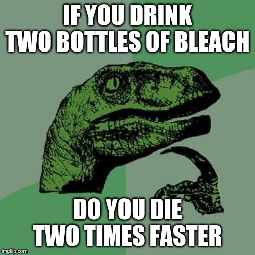 Philosoraptor | IF YOU DRINK TWO BOTTLES OF BLEACH; DO YOU DIE TWO TIMES FASTER | image tagged in memes,philosoraptor | made w/ Imgflip meme maker