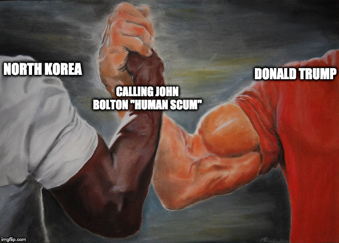 Grasping Hands | NORTH KOREA; DONALD TRUMP; CALLING JOHN BOLTON "HUMAN SCUM" | image tagged in grasping hands | made w/ Imgflip meme maker