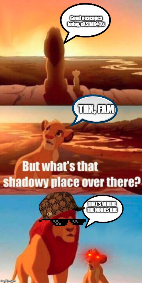 Simba Shadowy Place Meme | Good noscopes today, xX$!MB@Xx; THX, FAM; THAT'S WHERE THE NOOBS ARE | image tagged in memes,simba shadowy place | made w/ Imgflip meme maker