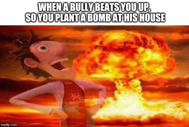 WHEN A BULLY BEATS YOU UP,
 SO YOU PLANT A BOMB AT HIS HOUSE | image tagged in blank white template | made w/ Imgflip meme maker