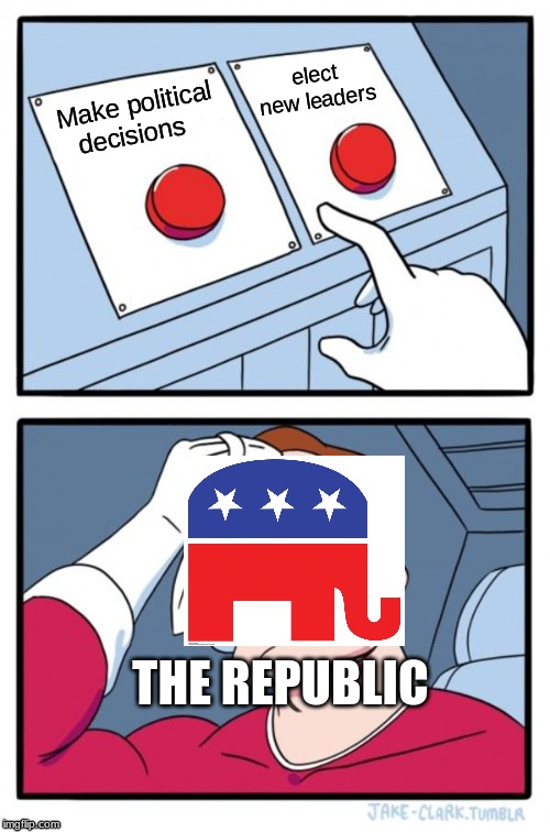 Two Buttons Meme | elect new leaders; Make political decisions; THE REPUBLIC | image tagged in memes,two buttons | made w/ Imgflip meme maker