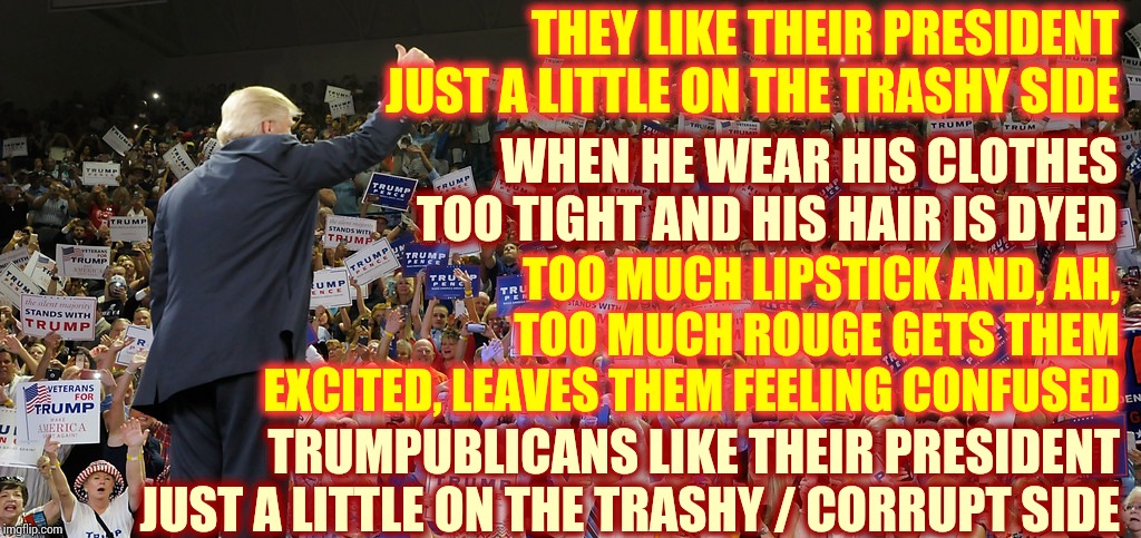 Everybody Else Takes OUT The Trash | THEY LIKE THEIR PRESIDENT JUST A LITTLE ON THE TRASHY SIDE; WHEN HE WEAR HIS CLOTHES TOO TIGHT AND HIS HAIR IS DYED; TOO MUCH LIPSTICK AND, AH, TOO MUCH ROUGE GETS THEM EXCITED, LEAVES THEM FEELING CONFUSED; TRUMPUBLICANS LIKE THEIR PRESIDENT JUST A LITTLE ON THE TRASHY / CORRUPT SIDE | image tagged in trump rally,impeach trump,despicable donald,liar in chief,lock him up,memes | made w/ Imgflip meme maker