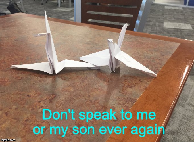 Thank you to my friend for making the cranes | Don't speak to me or my son ever again | image tagged in origami,don't speak to me or my son | made w/ Imgflip meme maker