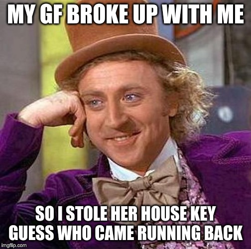 Creepy Condescending Wonka Meme | MY GF BROKE UP WITH ME; SO I STOLE HER HOUSE KEY
GUESS WHO CAME RUNNING BACK | image tagged in memes,creepy condescending wonka | made w/ Imgflip meme maker