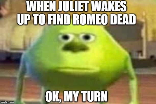 mike and romeo | WHEN JULIET WAKES UP TO FIND ROMEO DEAD; OK, MY TURN | image tagged in romeo and juliet,funny memes | made w/ Imgflip meme maker