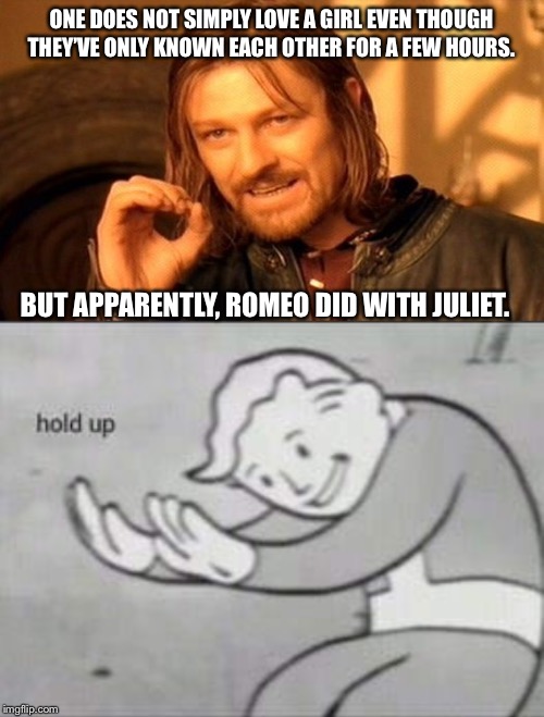 ONE DOES NOT SIMPLY LOVE A GIRL EVEN THOUGH THEY’VE ONLY KNOWN EACH OTHER FOR A FEW HOURS. BUT APPARENTLY, ROMEO DID WITH JULIET. | image tagged in memes,one does not simply,fallout hold up | made w/ Imgflip meme maker