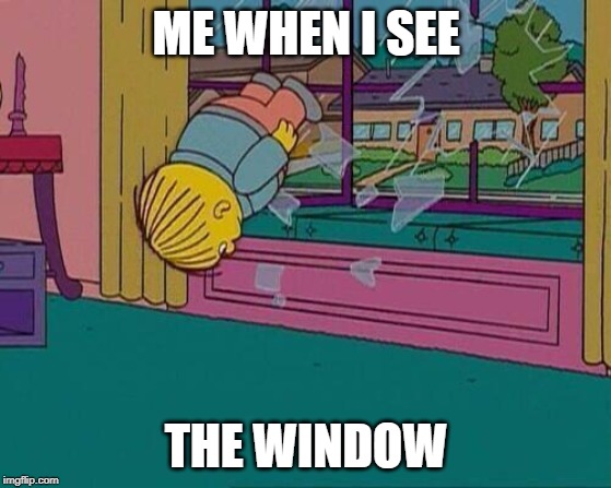 Simpsons Jump Through Window | ME WHEN I SEE; THE WINDOW | image tagged in simpsons jump through window | made w/ Imgflip meme maker