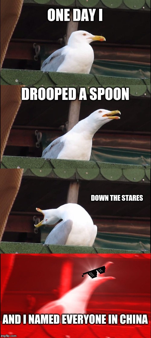 Inhaling Seagull | ONE DAY I; DROOPED A SPOON; DOWN THE STARES; AND I NAMED EVERYONE IN CHINA | image tagged in memes,inhaling seagull | made w/ Imgflip meme maker