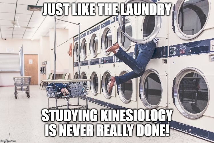 studying | JUST LIKE THE LAUNDRY; STUDYING KINESIOLOGY IS NEVER REALLY DONE! | image tagged in studying | made w/ Imgflip meme maker