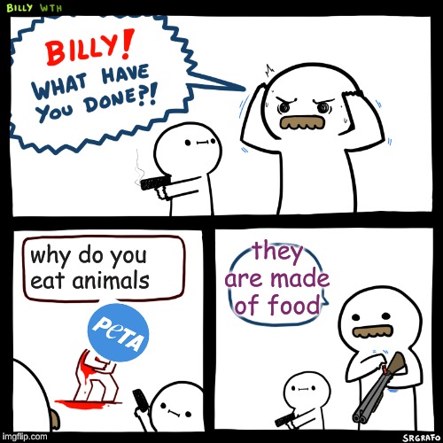 Billy, What Have You Done | they are made of food; why do you eat animals | image tagged in billy what have you done | made w/ Imgflip meme maker