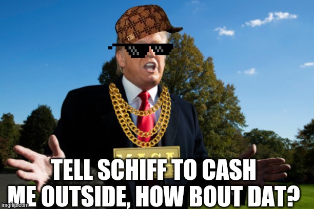TELL SCHIFF TO CASH ME OUTSIDE, HOW BOUT DAT? | image tagged in donald trump | made w/ Imgflip meme maker