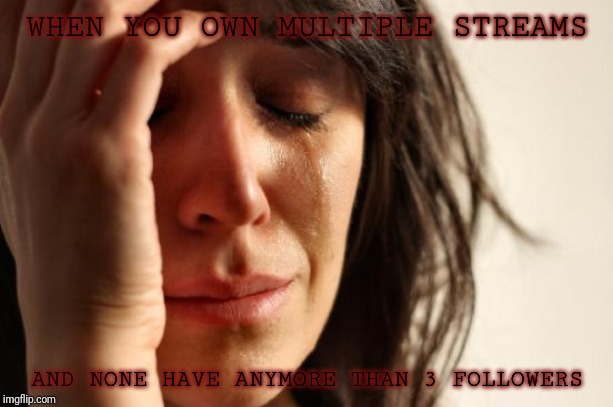 First World Problems | WHEN YOU OWN MULTIPLE STREAMS; AND NONE HAVE ANYMORE THAN 3 FOLLOWERS | image tagged in memes,first world problems | made w/ Imgflip meme maker