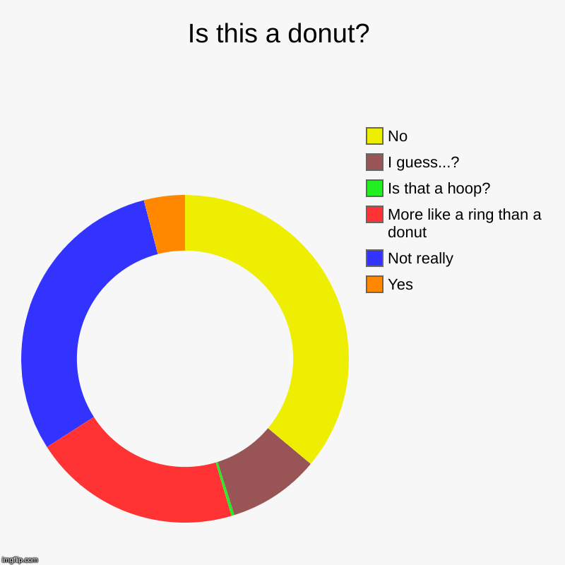 Is this a donut? | Yes, Not really, More like a ring than a donut, Is that a hoop?, I guess...?, No | image tagged in charts,donut charts | made w/ Imgflip chart maker