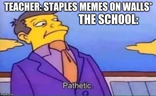 skinner pathetic | THE SCHOOL:; TEACHER: STAPLES MEMES ON WALLS* | image tagged in skinner pathetic | made w/ Imgflip meme maker