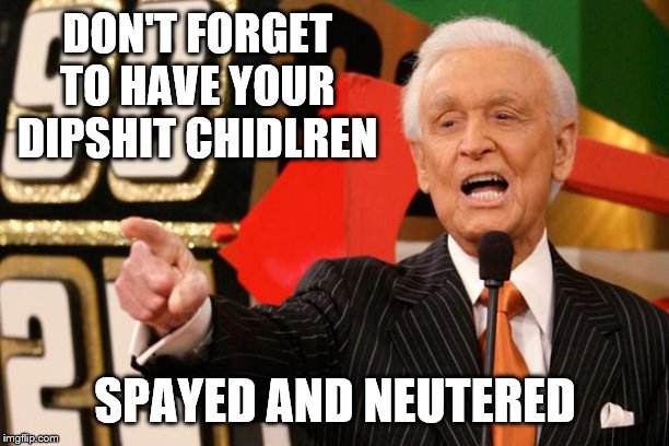 bob barker | DON'T FORGET TO HAVE YOUR DIPSHIT CHIDLREN SPAYED AND NEUTERED | image tagged in bob barker | made w/ Imgflip meme maker