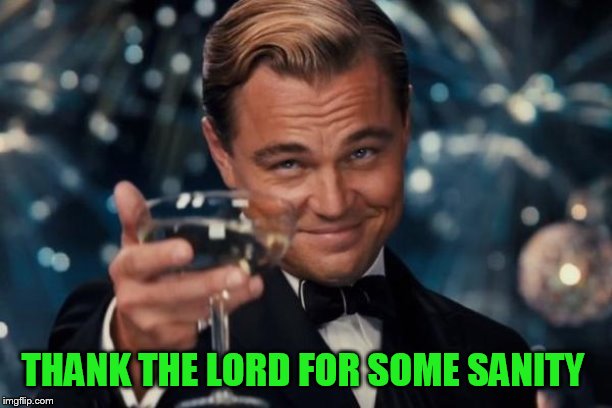 Leonardo Dicaprio Cheers Meme | THANK THE LORD FOR SOME SANITY | image tagged in memes,leonardo dicaprio cheers | made w/ Imgflip meme maker