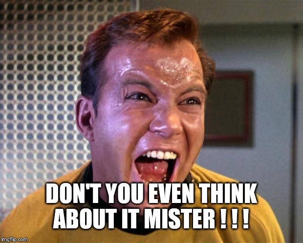 Captain Kirk Screaming | DON'T YOU EVEN THINK ABOUT IT MISTER ! ! ! | image tagged in captain kirk screaming | made w/ Imgflip meme maker