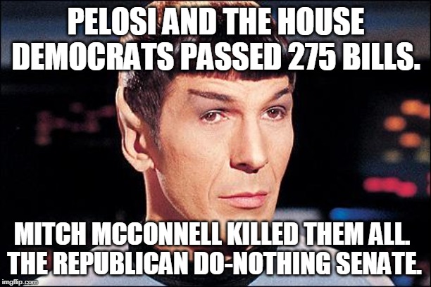 Condescending Spock | PELOSI AND THE HOUSE DEMOCRATS PASSED 275 BILLS. MITCH MCCONNELL KILLED THEM ALL. 
THE REPUBLICAN DO-NOTHING SENATE. | image tagged in condescending spock | made w/ Imgflip meme maker