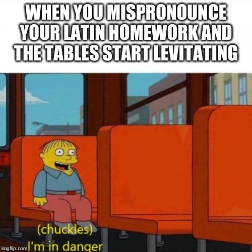 Chuckles, I’m in danger | WHEN YOU MISPRONOUNCE YOUR LATIN HOMEWORK AND THE TABLES START LEVITATING | image tagged in chuckles im in danger | made w/ Imgflip meme maker