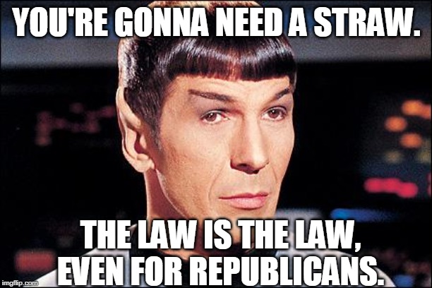 Condescending Spock | YOU'RE GONNA NEED A STRAW. THE LAW IS THE LAW, EVEN FOR REPUBLICANS. | image tagged in condescending spock | made w/ Imgflip meme maker