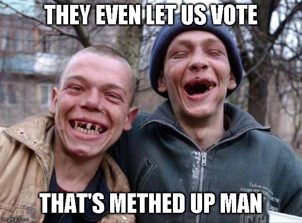 We Need Voters Anonymous | THEY EVEN LET US VOTE; THAT'S METHED UP MAN | made w/ Imgflip meme maker