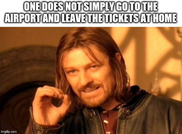 One Does Not Simply Meme | ONE DOES NOT SIMPLY GO TO THE AIRPORT AND LEAVE THE TICKETS AT HOME | image tagged in memes,one does not simply | made w/ Imgflip meme maker