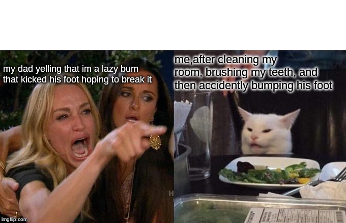 Woman Yelling At Cat | me,after cleaning my room, brushing my teeth, and then accidently bumping his foot; my dad yelling that im a lazy bum that kicked his foot hoping to break it | image tagged in memes,woman yelling at cat | made w/ Imgflip meme maker